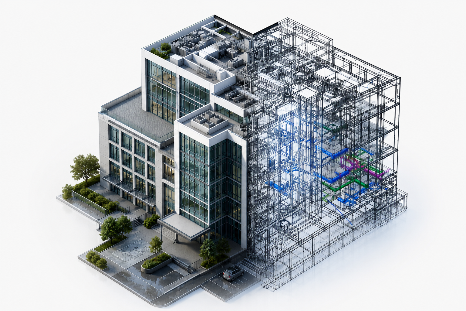 Revit interface showing multidisciplinary model with architectural, structural, and MEP elements